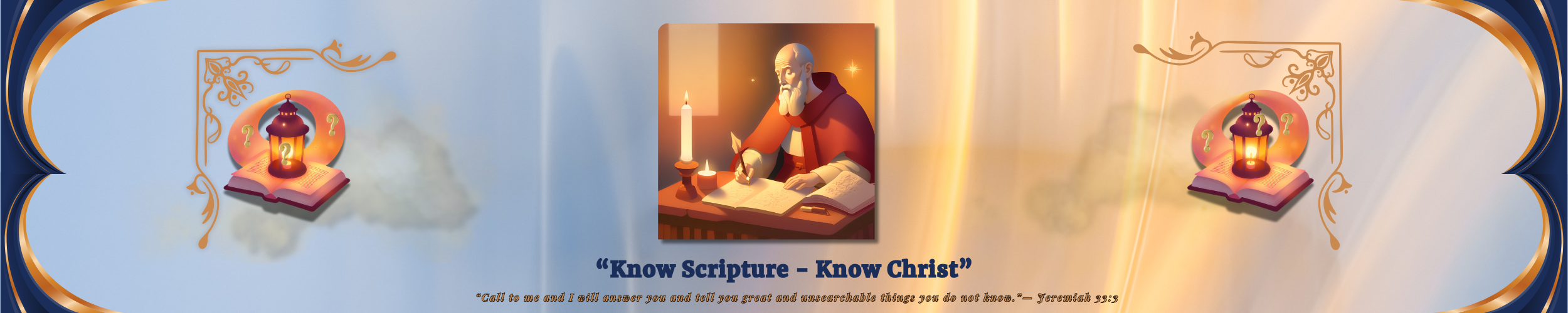 Illustration of an open Bible on a dark wooden table, lit by soft candlelight, against a navy background— symbolizing quiet inquiry, spiritual reflection, and the light of understanding. Lit lantern flanking center image upon an open bible.