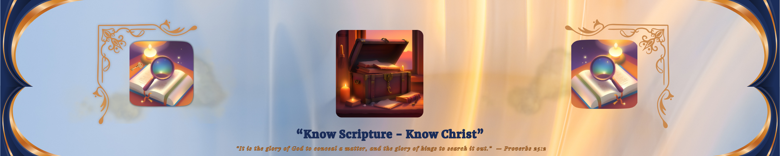 A glowing treasure chest surrounded by candlelight, scrolls, and books, flanked by magnifying glasses over Scripture pages—symbolizing sacred discovery, hidden wisdom, and the joyful curiosity of the Catholic faith.