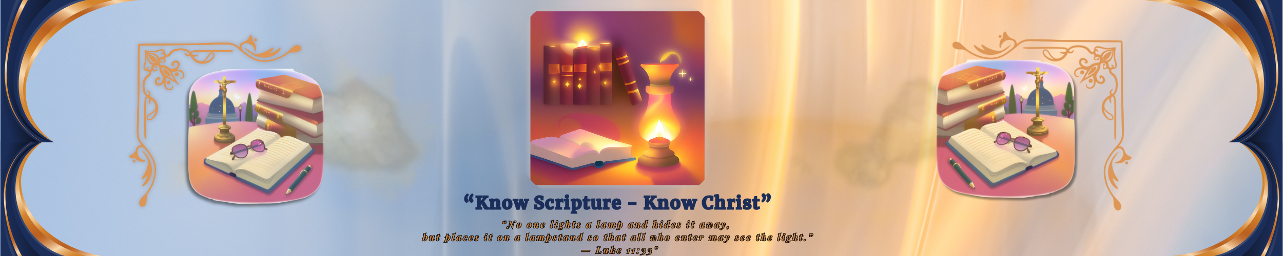 A glowing lamp shines beside a stack of books and an open journal, surrounded by gentle candlelight and sacred symbols—representing spiritual study, Scripture reflection, and the Catholic tradition of illuminating truth for others.