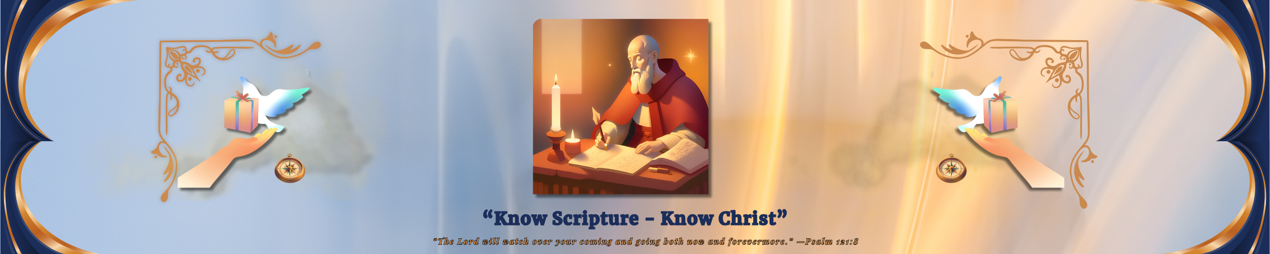 An open hand holds a glowing gift wrapped with a ribbon and wing above it, floating near a small compass—symbolizing careful delivery, divine direction, and thoughtful care.