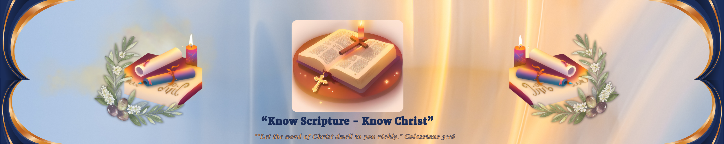 “Banner for the St. Jerome Catholic Bible Study System with open Bible, candle, and scrolls—representing guided, traditional Catholic Scripture study.”