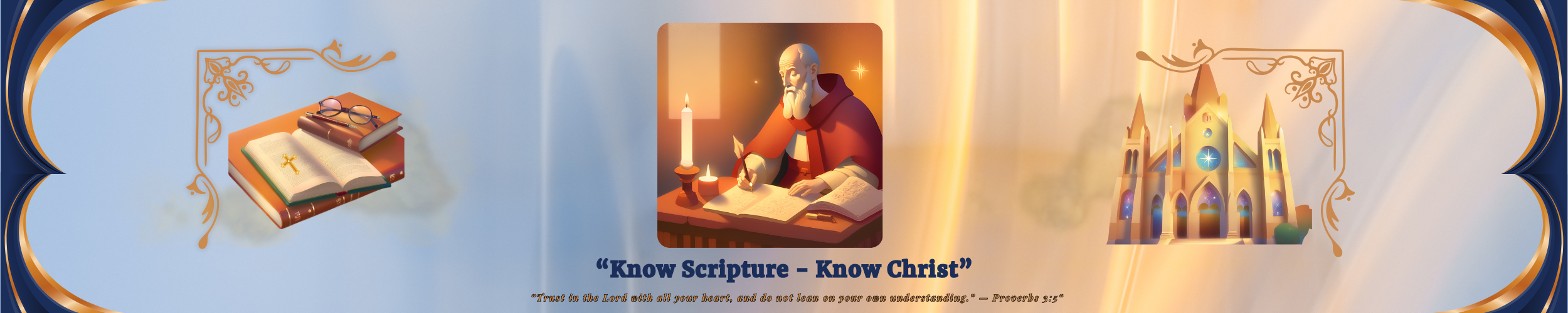 Illustration of an open Bible beside stacked books and eyeglasses, opposite a golden cathedral glowing with light—symbolizing study rooted in tradition and guided by the Church.