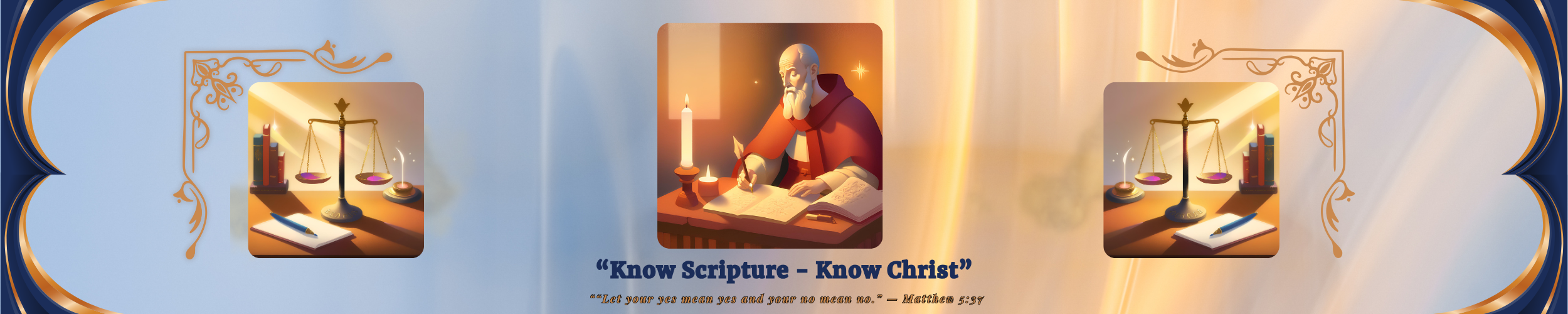 Illustration of golden balance scales set beside candles, books, and writing materials—symbolizing integrity, discernment, and thoughtful structure in spiritual study and service.