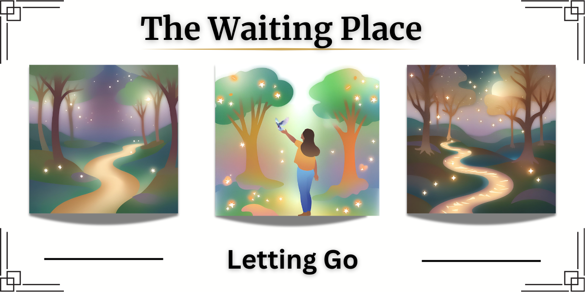 “At dusk in the forest, a girl stands between two trees, releasing a white dove into the sky. A quiet moment of surrender — soft, sacred, and full of release. Two flanking images of a forest at dusk with a winding path.