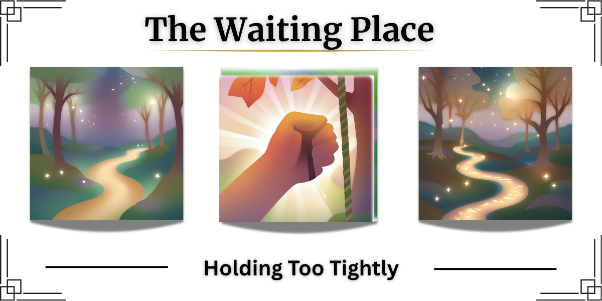 “A single hand tightly gripping a rope against a golden fall landscape. Sunlight breaks through near a large tree — a moment suspended between holding on and being held. Path images flank the single hand image.