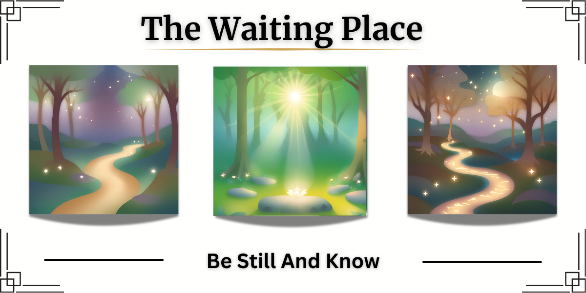 “An empty green forest scattered with stones. One central stone holds a white flower, softly illuminated by light from above — a quiet moment of sacred stillness and hidden glory. Two images of a forest in the evening with a winding path flanking the central image.
