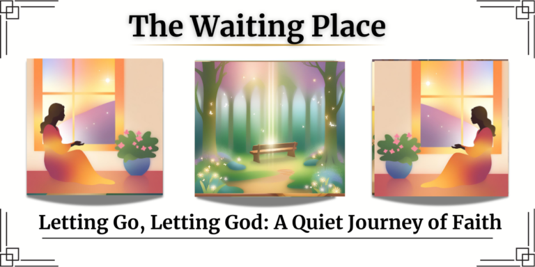“Pathway through a foggy forest, symbolizing trust through the unknown. ”Flanking images show a young lady looking outside in meditation.