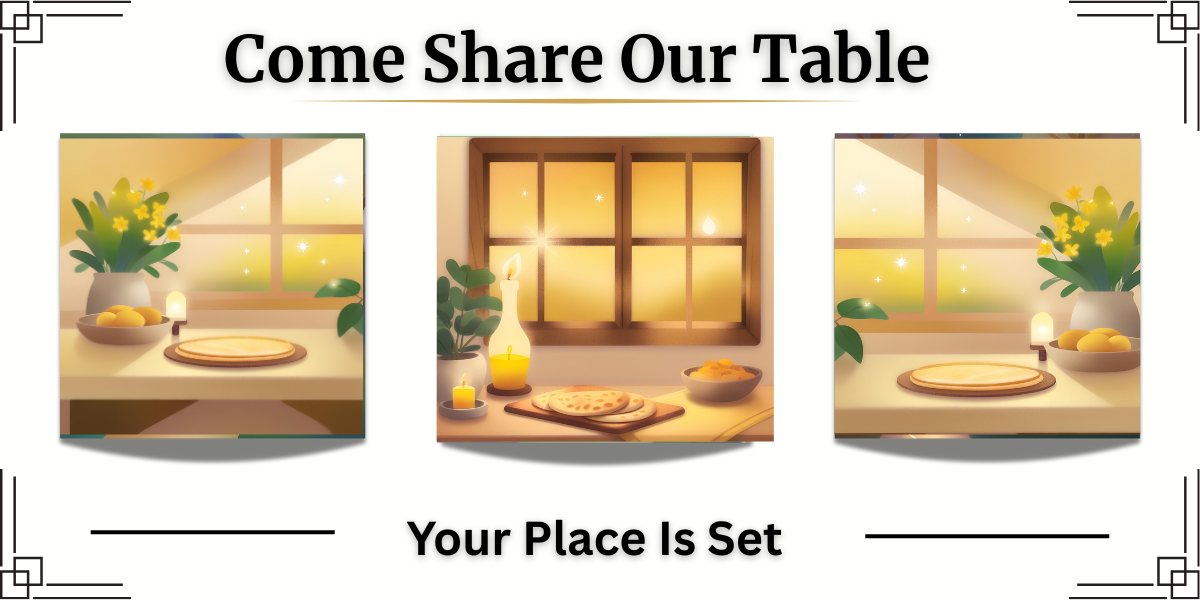 “Banner with three softly lit table scenes: warm windows, empty plates, candles, and bread awaiting. Center text reads ‘Come Share Our Table’ with the subtitle ‘Your Place Is Set.’ A quiet, welcoming image inviting the viewer into spiritual nourishment and belonging.”