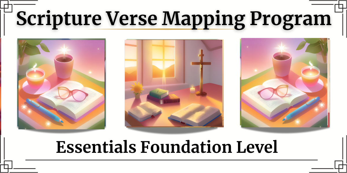 “Banner for Scripture Verse Mapping Program – Essentials Foundation Level. Features open Bible, coffee, candlelight, glasses, and journal tools—inviting peaceful Catholic Scripture reflection.”
