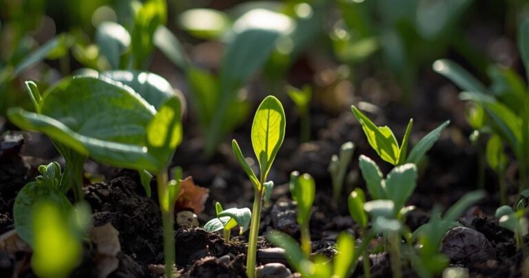 Close up of blooming germinating green seeds within the earth. Slight sunlight hitting the leaves.