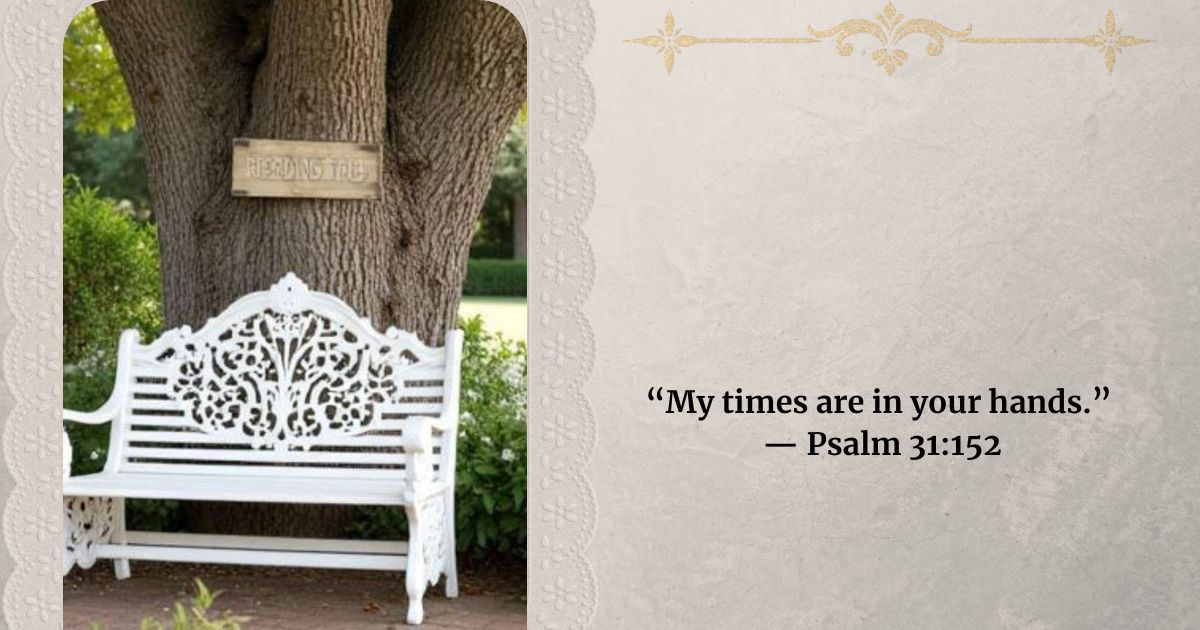 Huge oak with a sign Reading Tree with white victorian bench