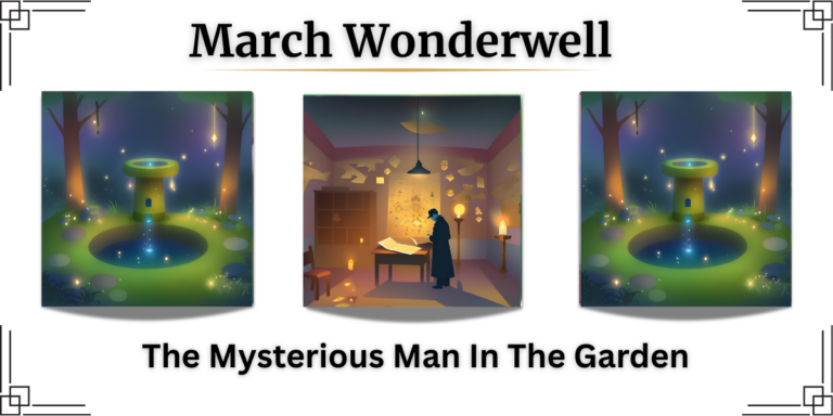 image of a mysterious monk researching papers flanked by two images of a garden well.