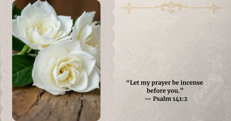 Two white gardenia plants on a beautiful wood table. Psalm written on the other side.