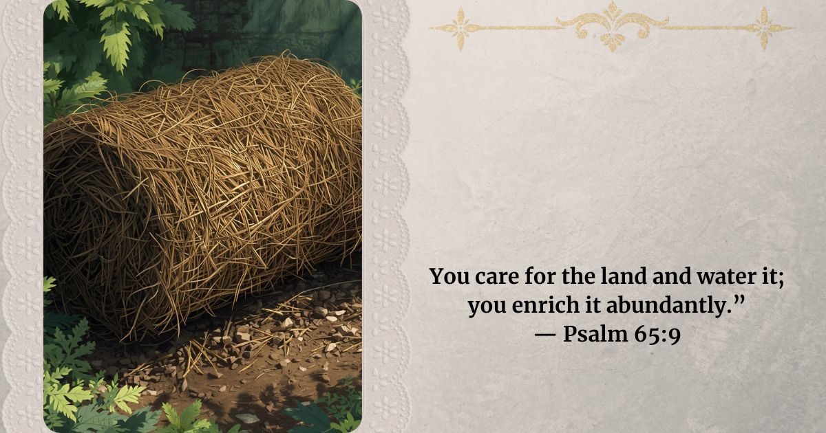 Large bale of pine nettles lying in bedding with scripture passage of the side Psalm accompanying it.
