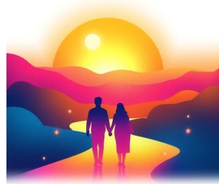 man and woman walking hand in hand down rainbow path to Emmaus