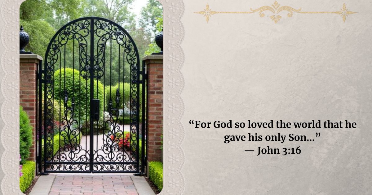 Large ornate black ironwork garden gate flanked by two decorative columns, closed that leads to a beautiful English paterre garden