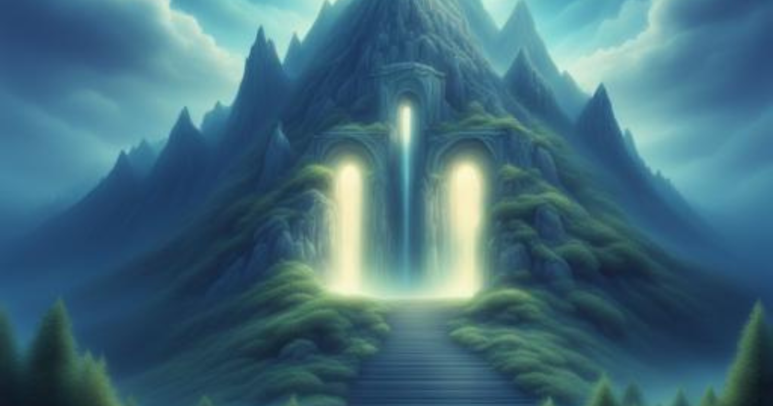 Quiet Blue Mountain With Three Heavenly Lights Against A Blue Foggy Backdrop