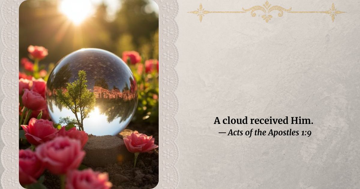 A garden globe surrounded by flowers and the sun in the background.