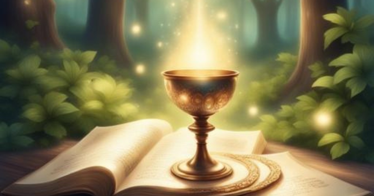 A glowing ciborium resting on an open Bible in a quiet forest setting, symbolizing the Eucharist and Christ as the Living Bread come down from heaven.