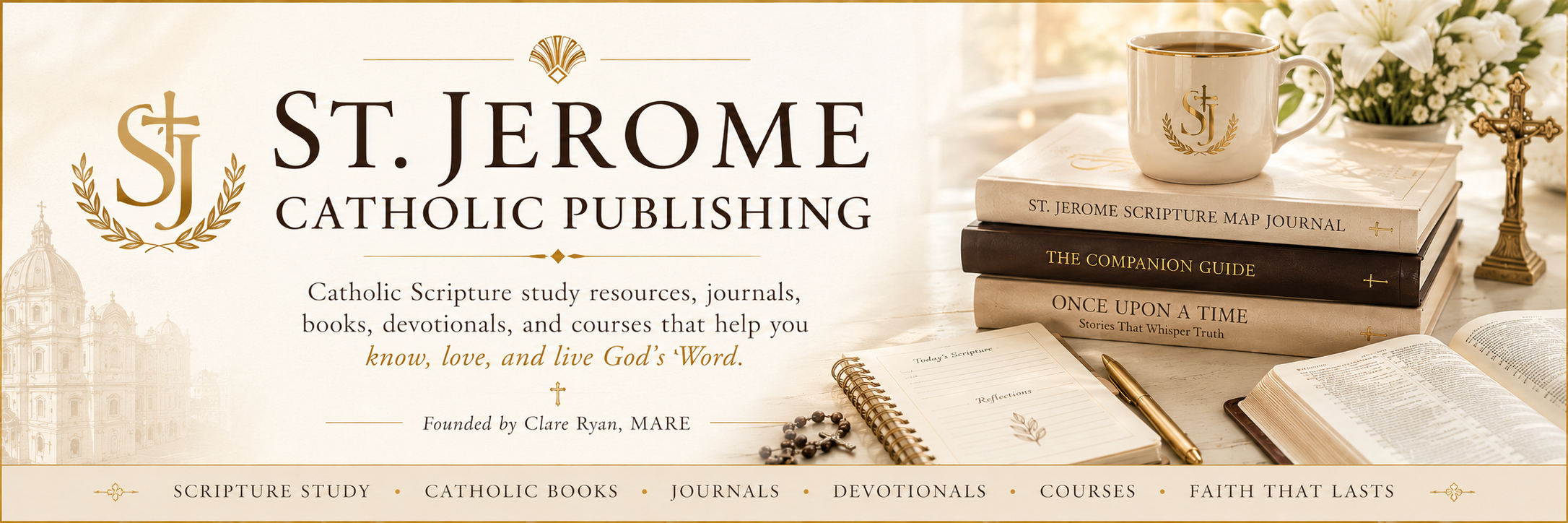 A St. Jerome Catholic Publishing banner with warm parchment tones, an open Bible, and a sacred study atmosphere inviting readers into Scripture, beauty, and reflection.