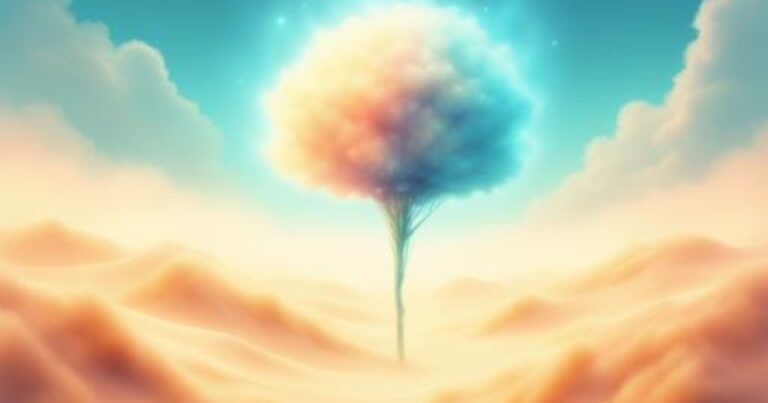Soft watercolor-style image of a single cloud-like tree rising from a quiet desert landscape, with warm golden sand, pale blue sky, and glowing pastel light, symbolizing God’s provision, manna in the wilderness, and spiritual nourishment.