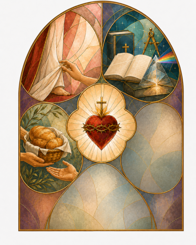 Stained-glass Sacred Heart window with three revealed panels: a hand reaching for a garment, books and a prism of light, and hands sharing a basket of bread; two panels remain veiled.