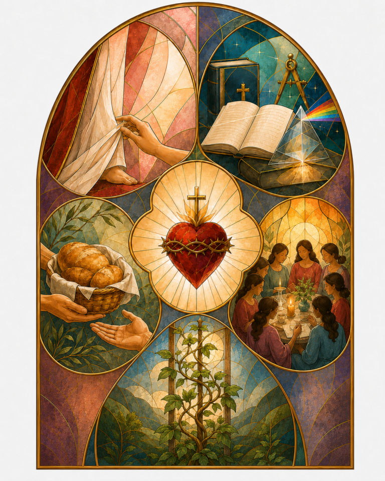 A stained-glass style Sacred Heart image showing Christ at the center, surrounded by symbols of faith, learning, community, service, and personal growth. The artwork suggests the Five Sacred Heart Goals as windows of formation for the adult heart.